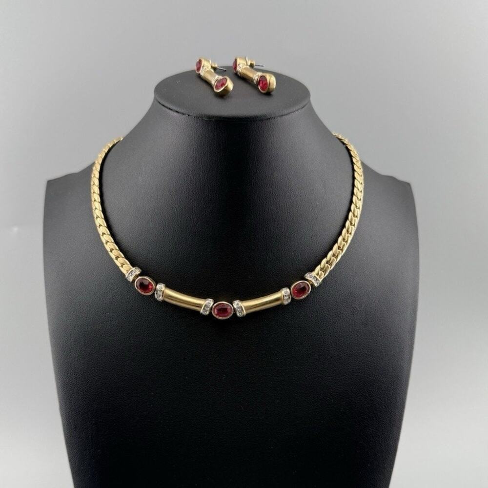 Vintage Swarovski Euro S Mark Red Crystal Necklace Dangle Earrings Set Gold Tone